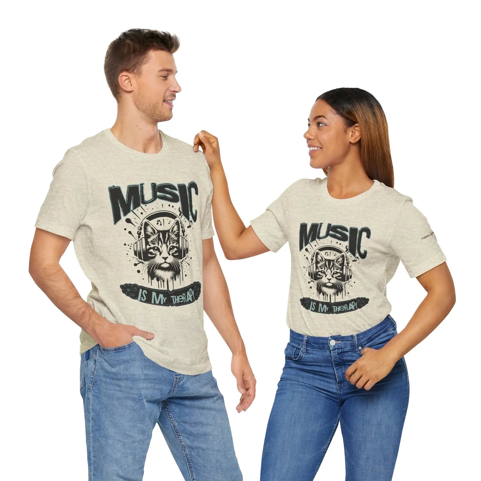 Music Is My Therapy Cat Tee, Unisex Music T-Shirt, Cat Lover Gift, Cute Graphic Tee, Gift for Musicians Printify