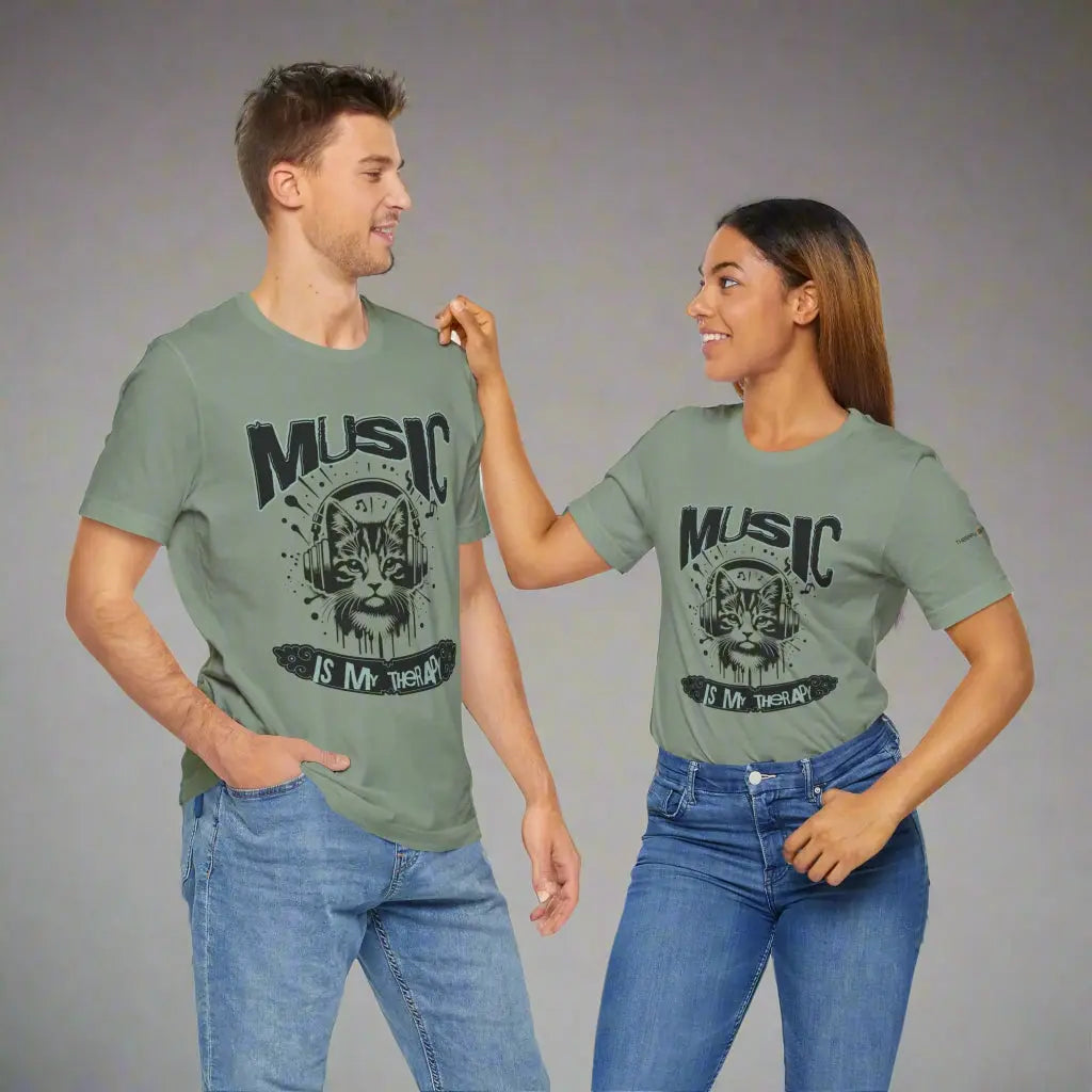 Music Is My Therapy Cat Tee, Unisex Music T-Shirt, Cat Lover Gift, Cute Graphic Tee, Gift for Musicians Printify
