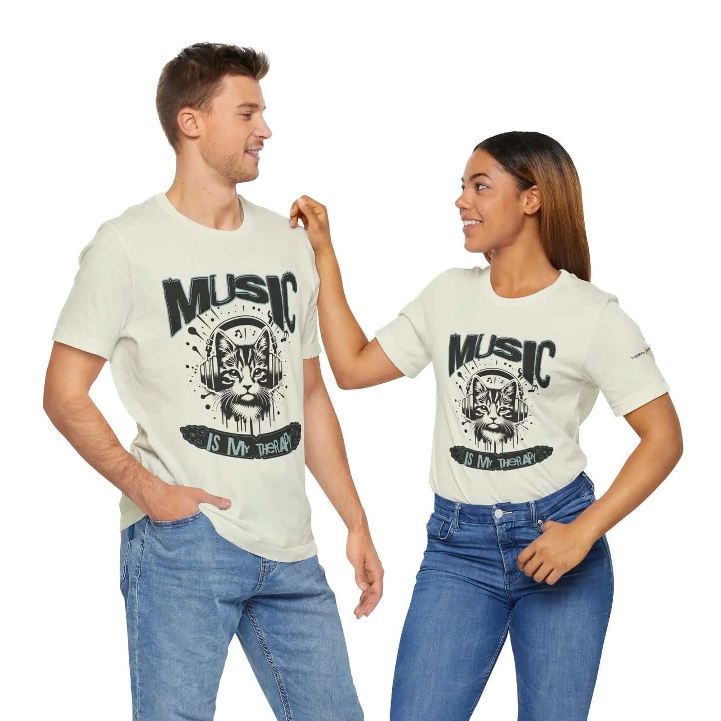 Music Is My Therapy Cat Tee, Unisex Music T-Shirt, Cat Lover Gift, Cute Graphic Tee, Gift for Musicians Printify