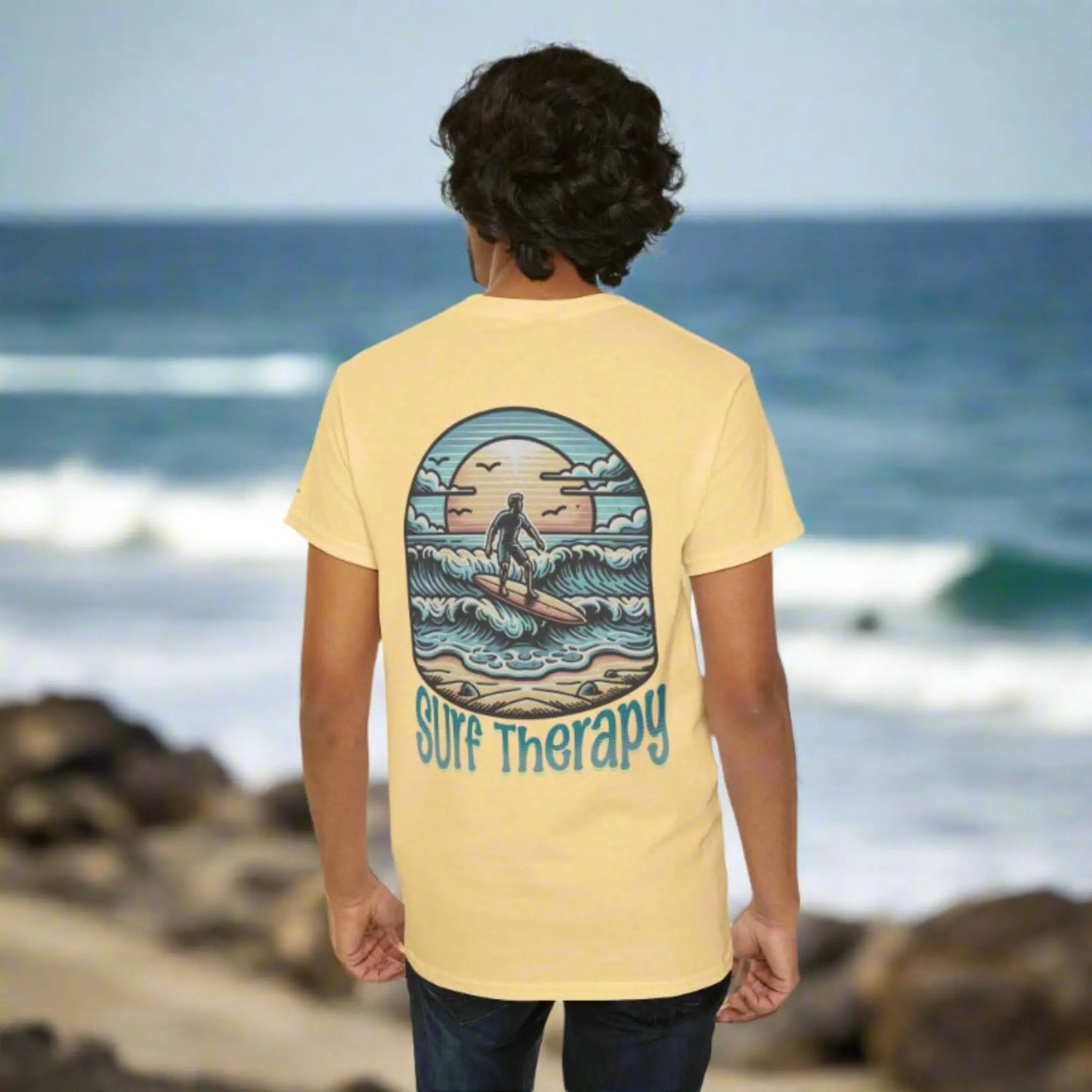Surf Therapy Unisex Heavy Cotton Tee, Summer Vibes T-Shirt, Beach Day Apparel, Water Sports Gift, Casual Surfwear Printify