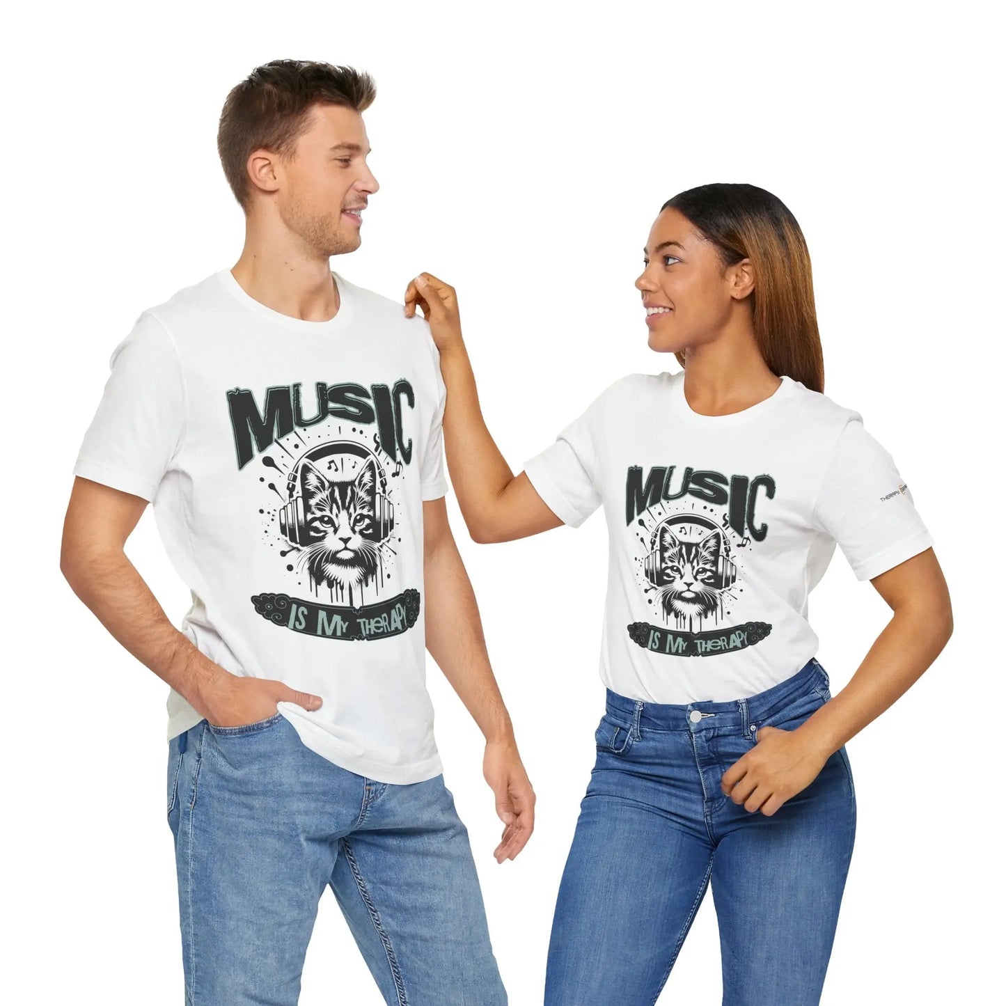 Music Is My Therapy Cat Tee, Unisex Music T-Shirt, Cat Lover Gift, Cute Graphic Tee, Gift for Musicians Printify